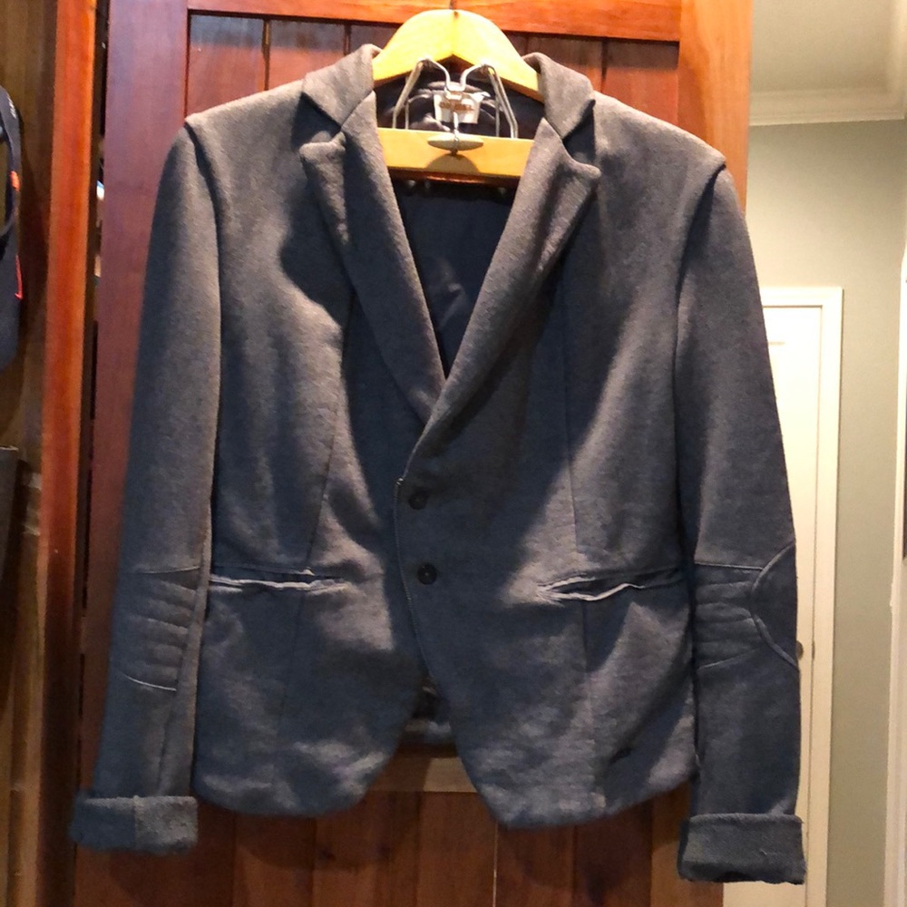 Gray tailored, buttoned jacket, fully lined, with patch elbows, faux zipper edge